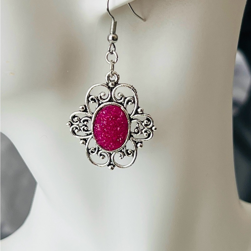 Ornate Silver and Pink Earrings with Vintage Filigree